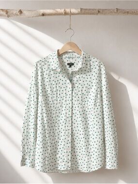 Talbots Polka -Dot Women's White Button-Up Shirt with Teal Polka Dots